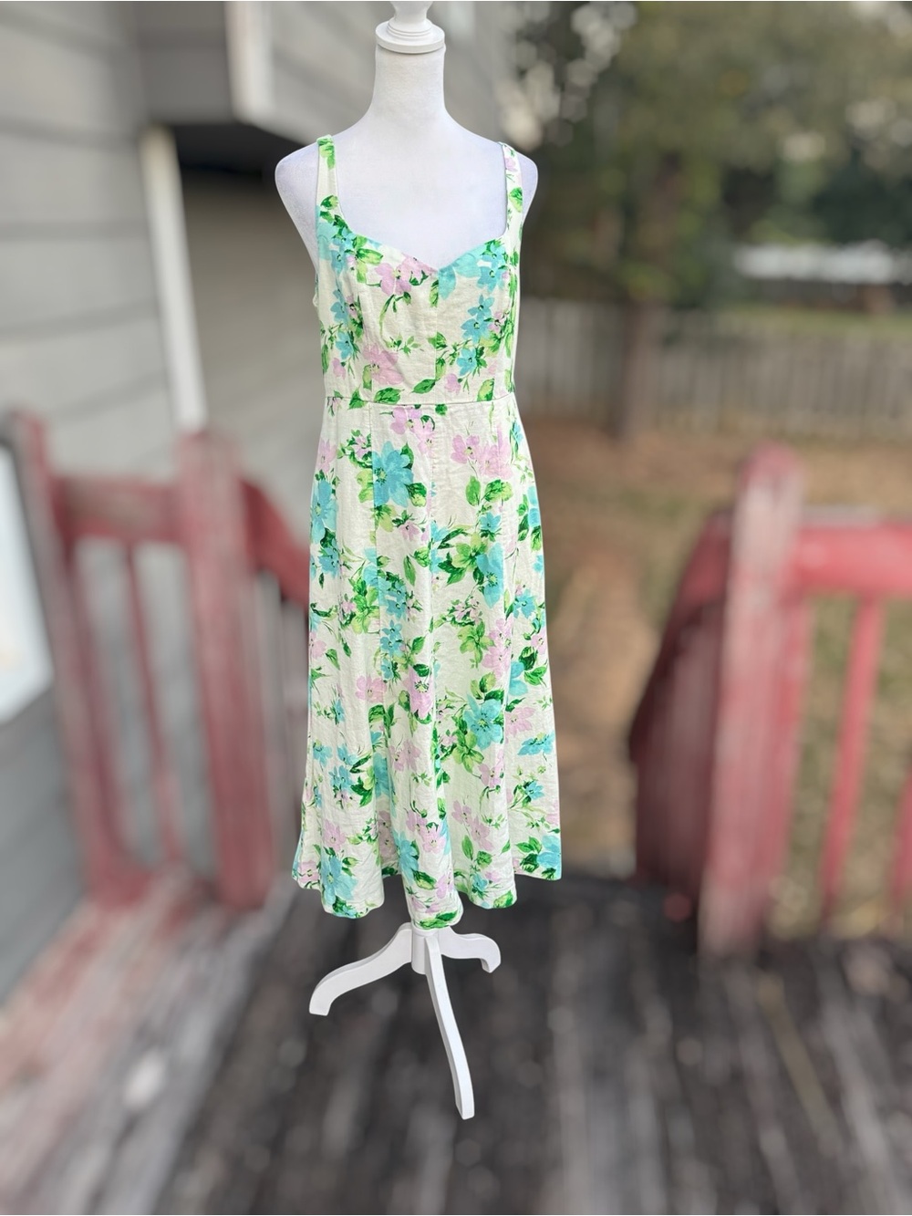Old Navy Linen Rayon White Floral Midi Dress with Green Pink Print Garden Party